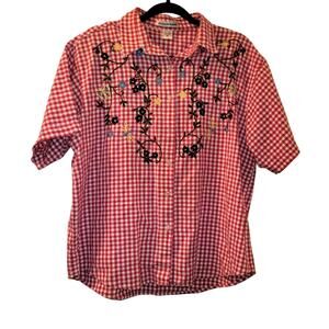Vtg Gingham Floral Embroidered Button Down Top XL Maggie & Max Summer Spring